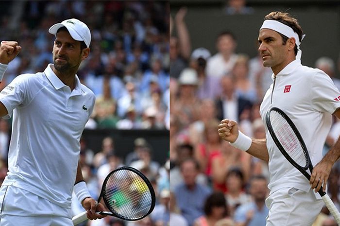 Novak Djokovic (kiri) dan Roger Federer (kanan) bakal saling berhadapan dalam laga final nomor tunggal putra Wimbledon 2019, Minggu (14/7/2019)