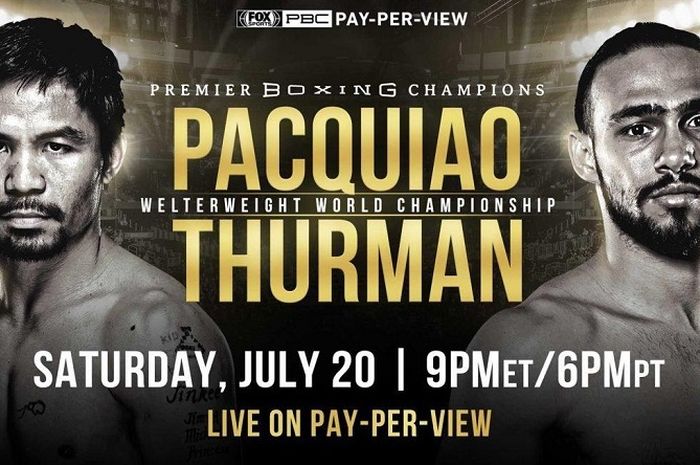 Poster laga tinju perebutan gelar WBA (Super) welterweight antara Keith Thurman (kanan) kontra Manny Pacquiao (kiri) yang digelar Minggu (21/7/2019) siang WIB