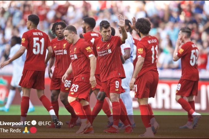 Liverpool merayakan kemenangan atas Olympique Lyon di Swiss, Rabu (31/7/2019).