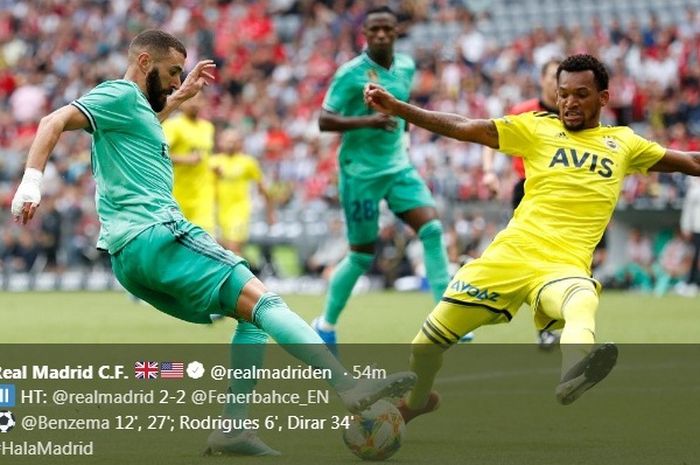 Striker Real Madrid, Karim Benzema, dalam laga Piala Audi 2019 melawan Fenerbahce di Allianz Arena, Rabu (31/7/2019).