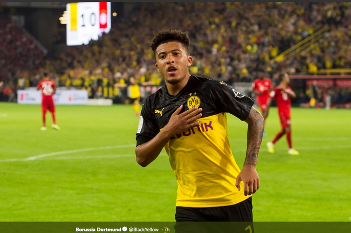 Jadon Sancho merayakan gol yang dicetaknya untuk Borussia Dortmund.