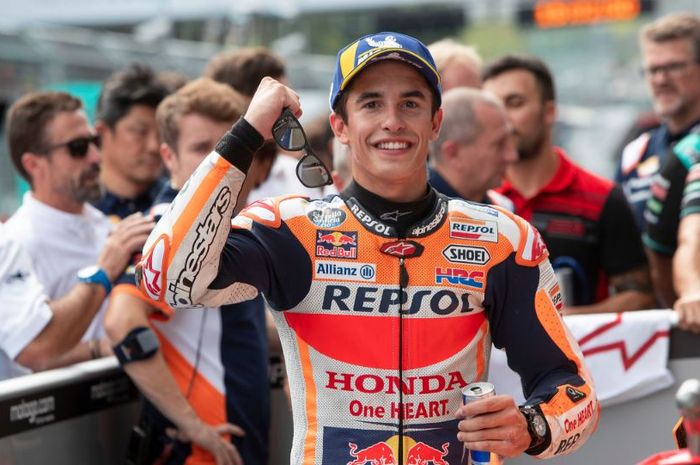 Ekspresi Marc Marquez (Repsol Honda) setelah memastikan raihan pole position pada sesi kualifikasi MotoGP Austria 2019, Sabtu (10/8/2019)