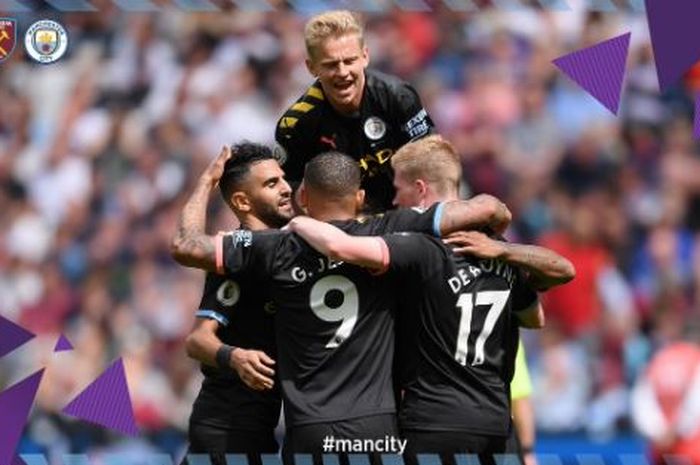 Para pemain Manchester City merayakan gol yang dicetak ke gawang West Ham United dalam laga Liga Inggris di Stadion London, 10 Agustus 2019.