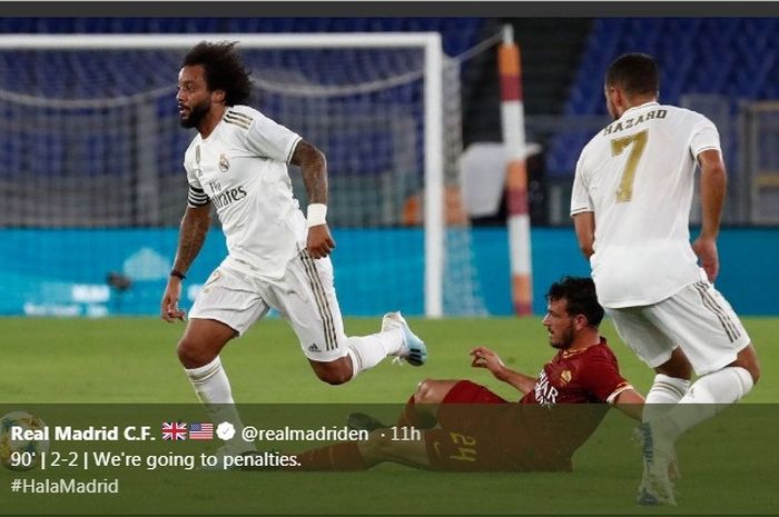 Bek sayap Real Madrid, Marcelo, dalam laga uji coba melawan AS Roma di Stadion Olimpico, Minggu (11/8/2019).