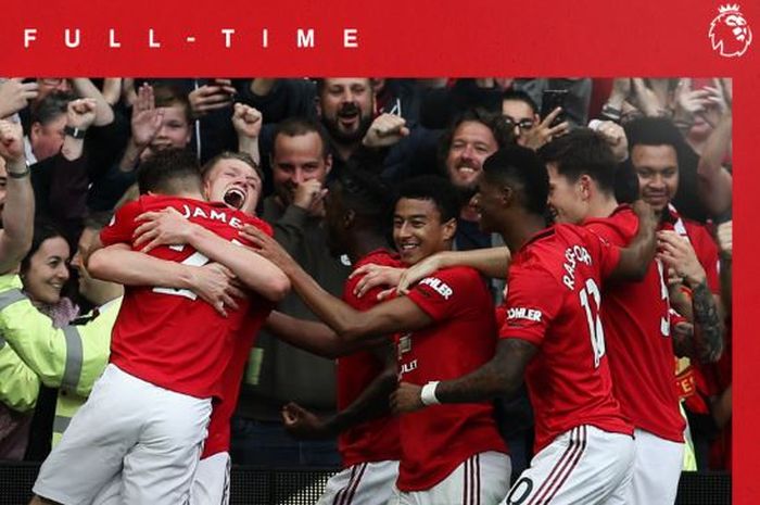 Para pemain Manchester United merayakan gol yang dicetak ke gawang Chelsea dalam laga Liga Inggris di Stadion Old Trafford, 11 Agustus 2019.