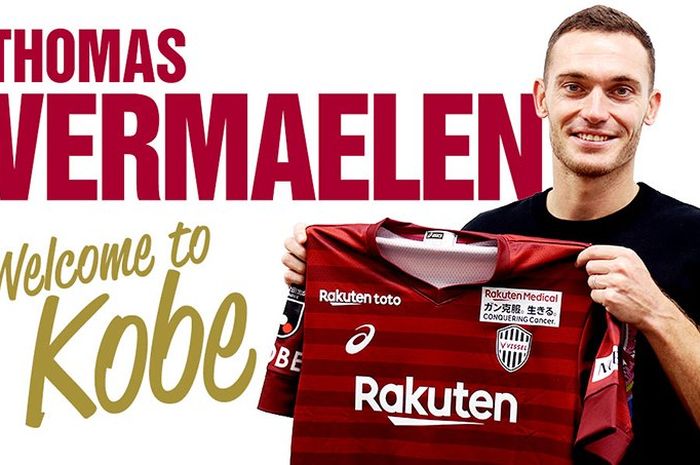 Thomas Vermaelen saat diperkenalkan sebagai pemain anyar klub Liga Jepang 1, Vissel Kobe.