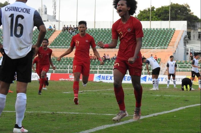 Pemain timnas U-18 Indonesia, Bagus Kahfi, merayakan gol ke gawang Laos  pada pertandingan keempat Grup A Piala AFF U-15 digelar pada hari Senin (12/8/2019).