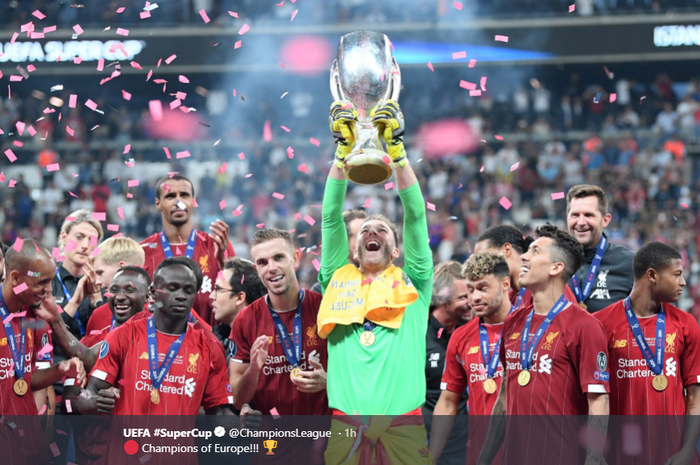 Liverpool merayakan keberhasilan menjuarai Piala Super Eropa, Jumat (15/8/2019) dini hari WIB.