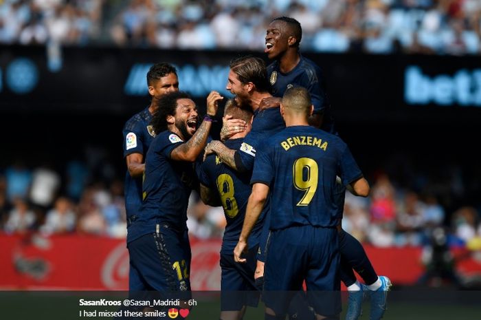 Para pemain Real Madrid merayakan gol dalam laga pekan pertama Liga Spanyol kontra Celta Vigo di Stadion Abanca Balaido, Vigo, 17 Agustus 2019.