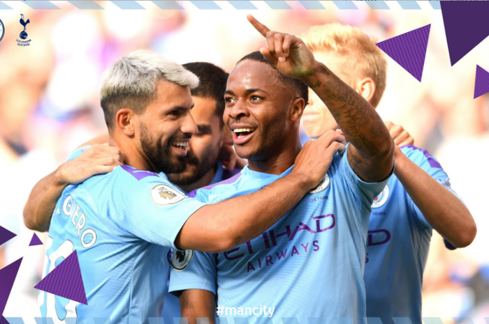 Winger Manchester City, Raheem Sterling berselebrasi bersama rekan setimnya setelah membobol gawang Tottenham Hotspur pada laga Liga Inggris pekan kedua, Sabtu (17/8/2019) di Stadion Etihad, Manchester.