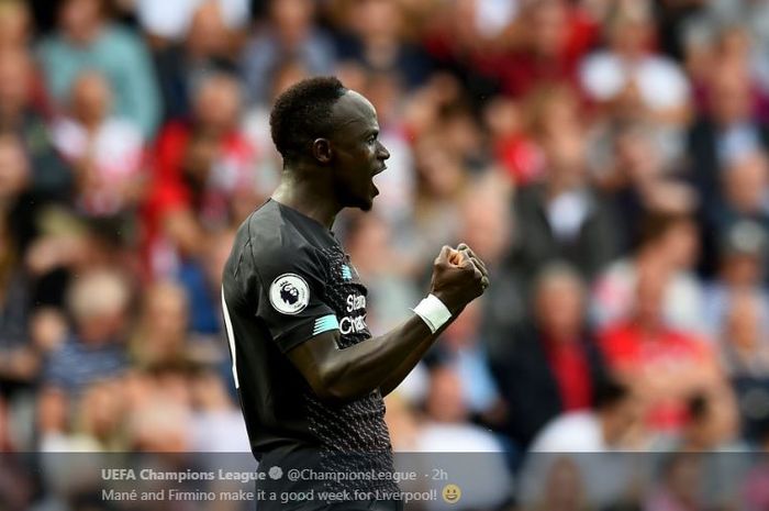 Penyerang sayap Liverpool FC, Sadio Mane, merayakan gol dalam laga pekan kedua Liga Inggris melawan Southampton, St Mary's Stadium, 17 Agustus 2019.