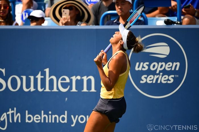 Ekspresi petenis Amerika Serikat, Madison Keys, usai memenangi Cincinnati Masters 2019 Senin (19/8/2019)