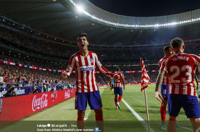 Aksi striker Atletico Madrid, Alvaro Morata, setelah mencetak gol ke gawang Getafe pada pertandingan pekan kedua Liga Spanyol 2019-2020 di Stadion Wanda Metropolitano, 18 Agustus 2019.