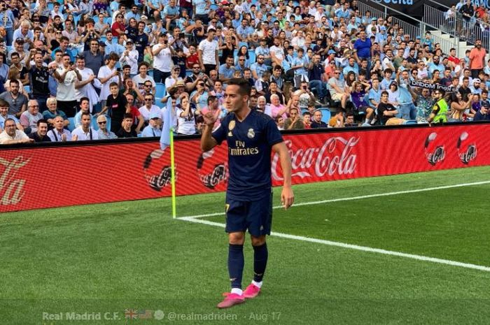 Winger Real Madrid, Lucas Vazquez, merayakan golnya dalam laga pekan pertama Liga Spanyol kontra Celta Vigo di Stadion Abanca Balaido, 17 Agustus 2019.