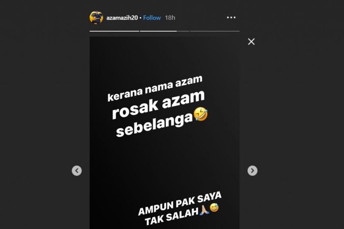 Unggahan akun Instagram pemain Pahang FA, Azam Azih.