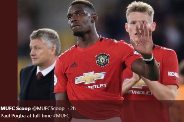 Gelandang Manchester United, Paul Pogba, dalam laga kontra Wolverhampton di Molineux Stadium, Senin (19/8/2019).