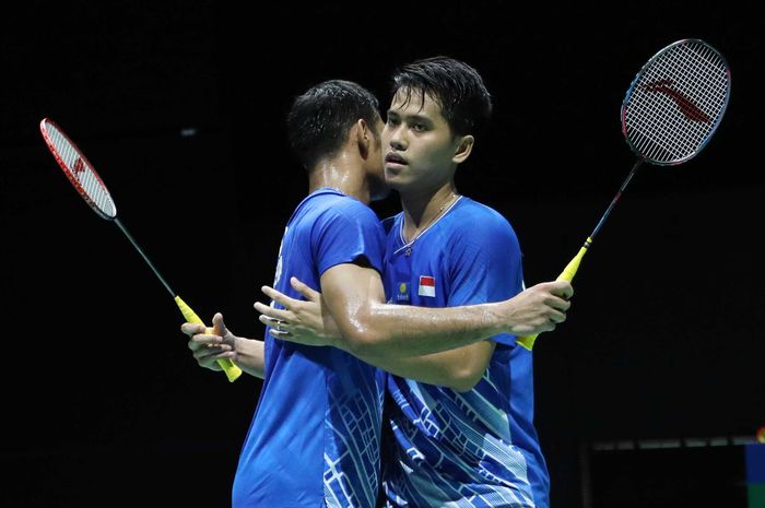 Pasangan ganda putra Indonesia, Berry Angriawan/Hardianto, pada pertandingan Kejuaraan Dunia 2019 di St. Jakobshalle, Basel, Swiss, Selasa (20/8/2019).