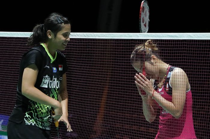 Gregoria Mariska Tunjung usai kalah dari Ratchanok Intanon pada Kejuaraan Dunia BWF 2019, Kamis (22/8/2019)