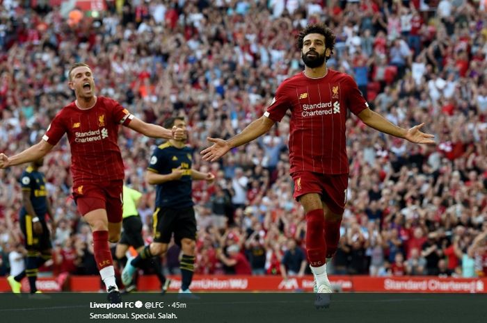 Penyerang sayap Liverpool, Mohamed Salah, sukses mencetak dua gol dalam kemenangan 3-1 timnya atas Arsenal pada pekan ketiga Liga Inggris di Stadion Anfield, Sabtu (24/8/2019).