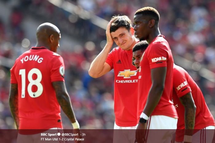 Para pemain Manchester United tampak lesu setelah tim mereka dipecundangi oleh Crystal Palace dengan skor 1-2 di depan publik sendiri pada pertandingan pekan ketiga Liga Inggris, Sabtu (24/8/2019).