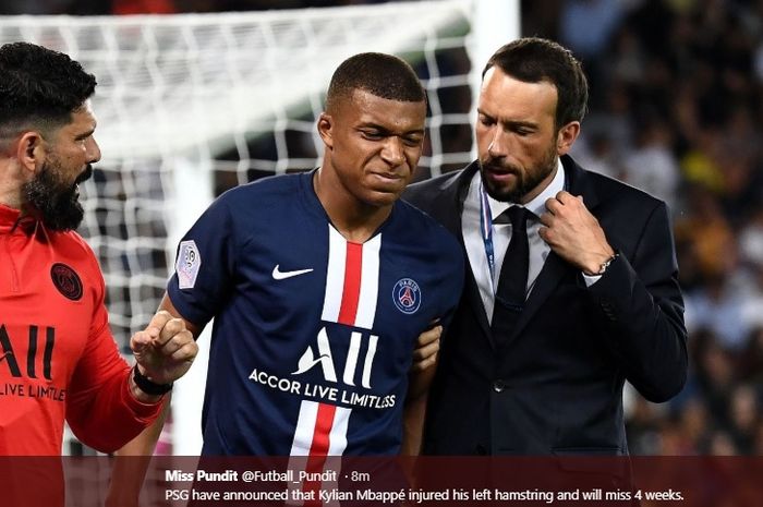 Kylian Mbappe terpaksa ditarik keluar akibat cedera pada pertandingan Paris Saint-Germain melawan Toulouse pada pekan ketiga Liga Prancis, Minggu (25/8/2019).