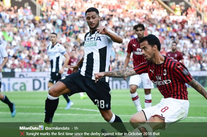 Pemain AC Milan, Suso, mencoba melakukan tembakan ke gawang Udinese saat AC Milan melakoni laga tandang pada pekan pertama Liga Italia 2019-2020, Minggu (25/8/2019).