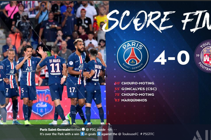 PSG menang 4-0 atas Toulouse dalam lanjutan Liga Prancis, Minggu (25/8/2019) di Paris, kendati masih tidak memainkan Neymar.