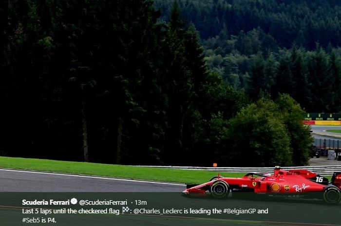 Pembalap Ferrari, Charles Leclerc, memenangi balapan seri ke-13 Formula 1 GP Belgia di Sirkuit Spa-Francorchamps, 1 September 2019.