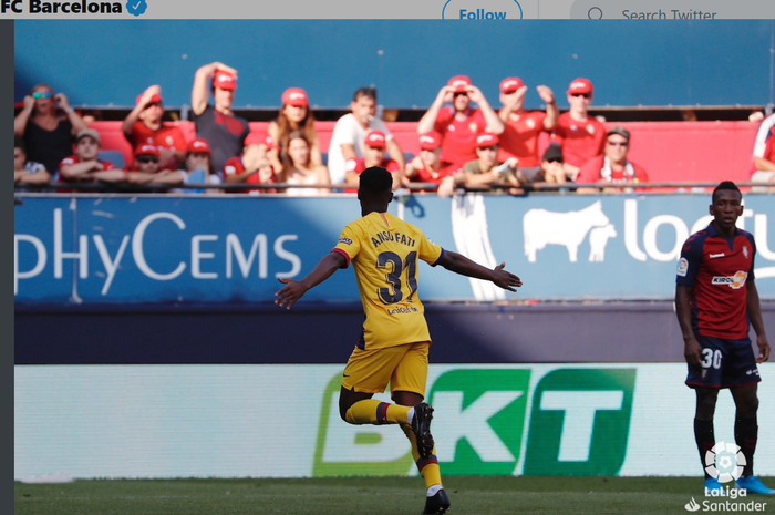 Pemain muda Barcelona, Ansu Fati, merayakan gol yang dicetaknya ke gawang Osasuna pada pekan ketiga Liga Spanyol, Sabtu (31/8/2019) di Stadion El Sadar.