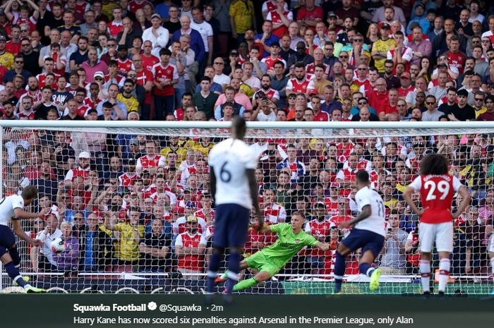 Arsenal sempat tertinggal 0-2 pada menit ke-40 setelah Harry Kane sukses mencetak gol melalui titik penalti usai Son Heung-Min dilanggar oleh Granit Xhaka di dalam kotak penalti pada pertandingan pekan keempat Liga Inggris, Minggu (1/9/2019).