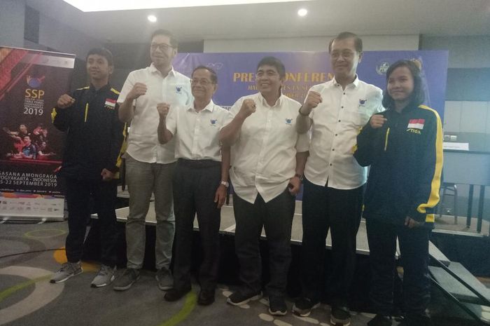 Suasana konferenis pers Kejuaraan Tenis Meja Asia 2019 di FC Sudirman, Jakarta, Senin (2/9/2019).