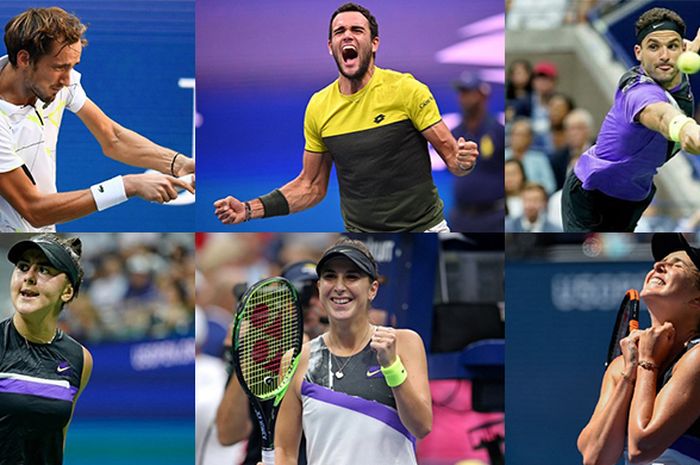 Daniil Medvedev, Matteo Berrettini, Grigor Dimitrov, Elina Svitolina, Belinda Bencic, dan Bianca Andreescu (searah jarum jam dari pojok kiri atas) menjadi semifinalis US Open 2019 yang belum pernah mencicipi juara grand slam