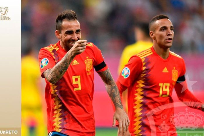 Striker timnas Spanyol, Paco Alcacer, merayakan gol yang dicetak ke gawang timnas Rumania dalam laga Grup F Kualifikasi Euro 2020 di Arena Nationala, Kamis (5/9/2019).