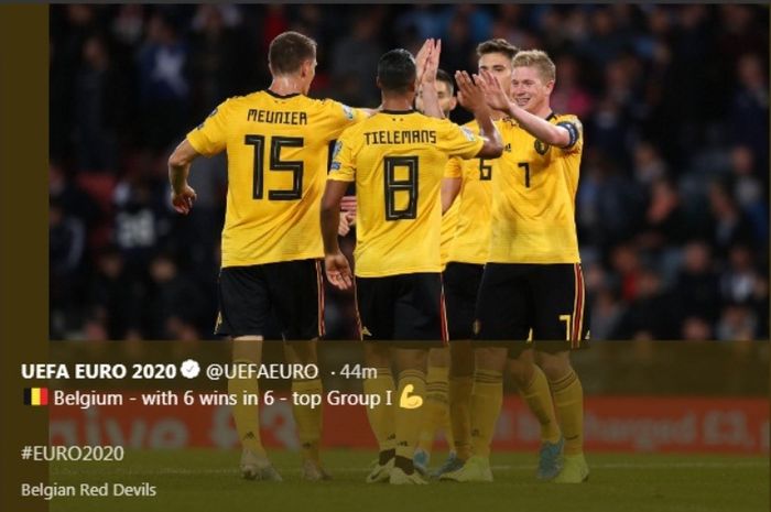 Timnas Belgia merayakan kemenangan atas Skotlandia dalam lanjutan Kualifikasi Piala Eropa 2020, Senin (9/9/2019).