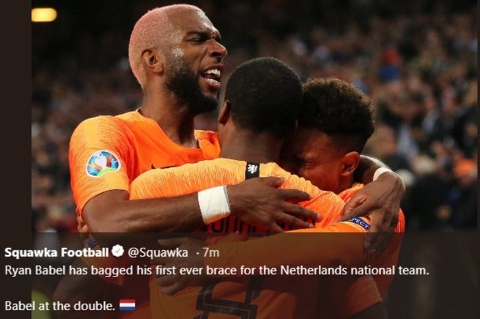 Striker timnas Belanda, Ryan Babel, merayakan gol ke gawnag Estonia dalam Kualifikasi Piala Eropa 2020, Senin (9/9/2019).