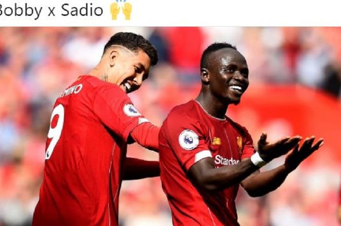 Penyerang Liverpool, Roberto Firmino dan Sadio Mane, melakukan selebrasi dalam laga Liga Inggris melawan Newcastle United di Stadion Anfield, Sabtu (14/9/2019).