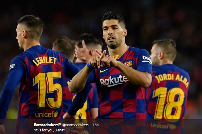 Selebrasi Luis Suarez usai mencetak gol keduanya pada pertandingan Barcelona kontra Valencia dalam lanjutan Liga Spanyol, Sabtu (14/9/2019).