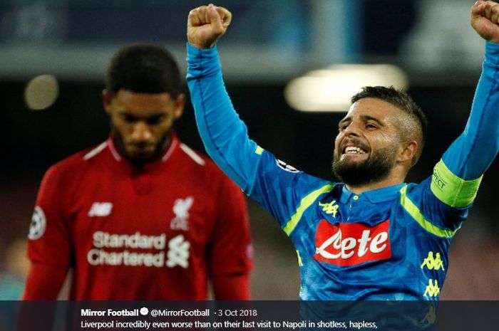 Ekspresi kapten Napoli, Lorenzo Insigne, seusai menjebol gawang Liverpool pada laga penyisihan Grup C Liga Champions, Oktober tahun lalu.