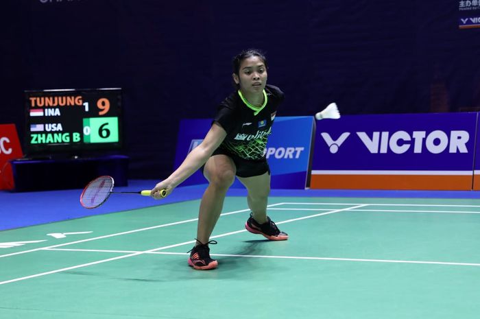 Pemain tunggal putri Indonesia, Gregoria Mariska Tunjung, berlaga pada babak pertama China Open 2019 di Changzou, China, Selasa (17/9/2019).