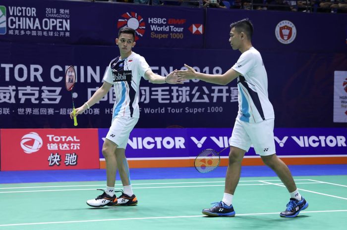 Pasangan ganda putra Indonesia, Fajar Alfian/Muhammad Rian Ardianto saat berlaga pada babak pertama China Open 2019