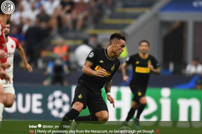 Aksi penyerang Inter Milan, Lautaro Martinez, dalam pertandingan pembuka Liga Champions melawan Slavia Praha di Stadion Giuseppe Meazza, Selasa (17/9/2019). 