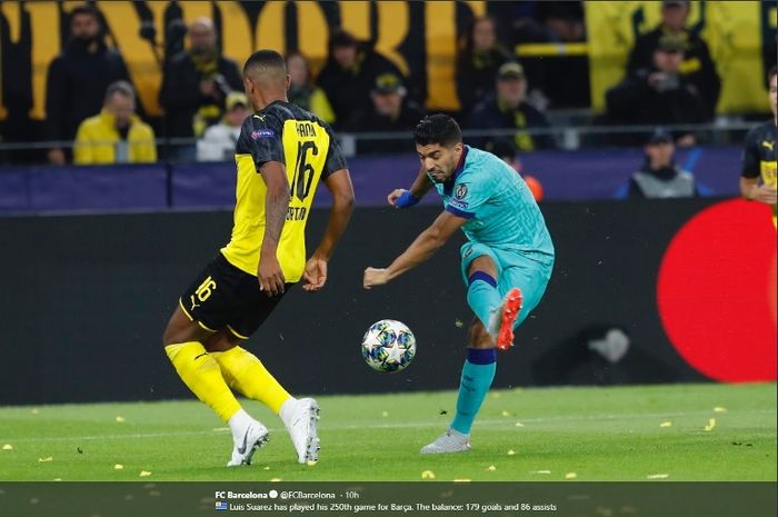 Striker Barcelona, Luis Suarez, dalam laga kontra Borussia Dortmund di Signal Iduna PArk, Selasa (17/9/2019).