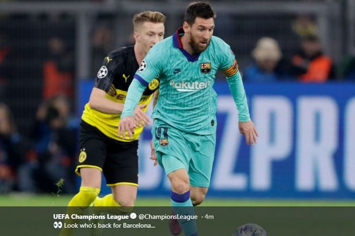 Megabintang Barcelona, Lionel Messi, beraksi dalam laga Grup F Liga Champions melawan Borussia Dortmund di BVB Stadion Dortmund, Selasa (17/9/2019).