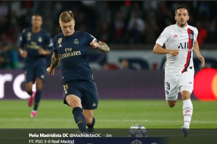 Aksi gelandang tengah Real Madrid, Toni Kroos, dalam pertandingan Paris Saint-Germain kontra Real Madrid pada laga Grup A Liga Champions, Rabu (18/9/2019).