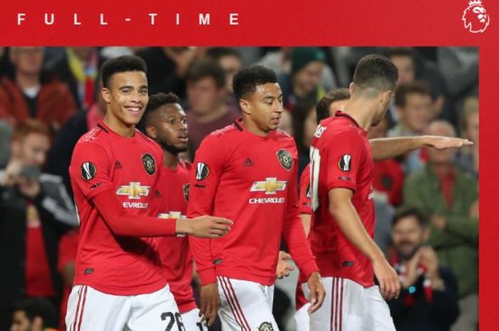 Penyerang Manchester United, Mason Greenwood (kiri), merayakan gol yang dicetak ke gawang Astana dalam laga Grup L Liga Europa di Stadion Old Trafford, Kamis (19/9/2019).