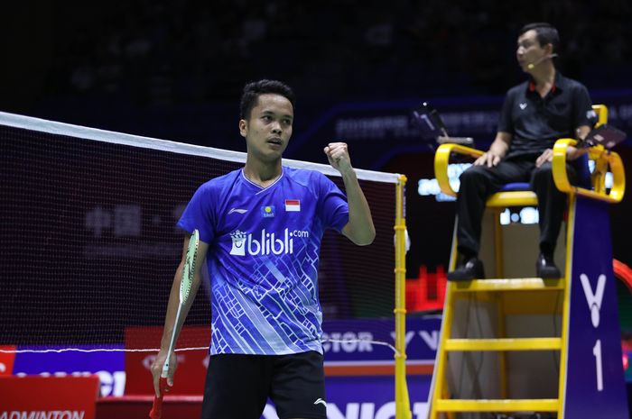 Ekspresi pemain tunggal putra Indonesia, Anthony Sinisuka Ginting, pada semifinal China Open 2019, Sabtu (21/9/2019) di Changzou, China.