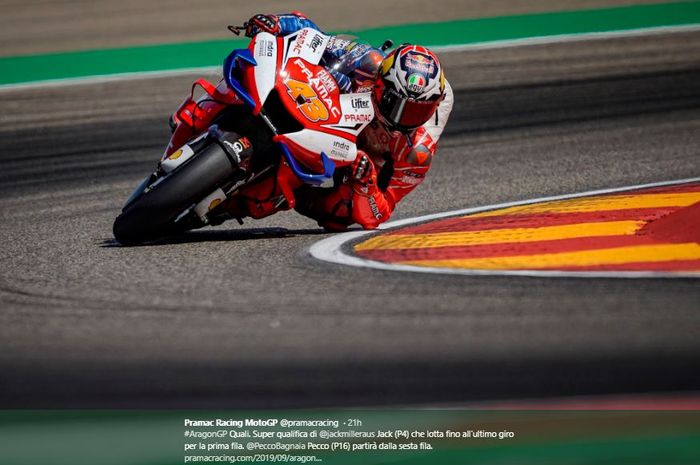 Aksi Pembalap Pramac Racing, Jack Miller pada sesi latihan MotoGP Aragon 2019, Sabtu (21/9/2019)