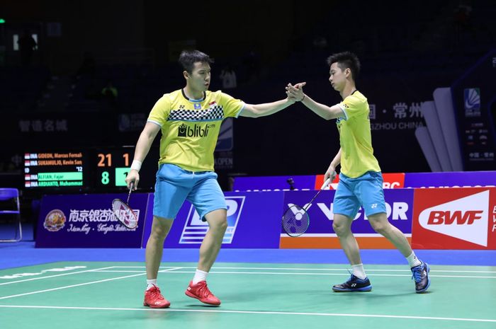 Pemain gana putra Indonesia, Marcus Fernaldi Gideon/Kevi Sanjaya Sukamuljo ketika bermain pada laga semifinal China Open 2019 Sabtu (21/9/2019)