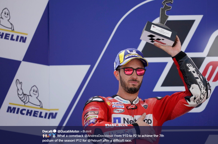 Pembalap Ducati, Andrea Dovizioso, finis di posisi kedua dalam balapan MotoGP Aragon 2019 yang berlangsung di Sirkuit Aragon, Spanyol, 22 September 2019.