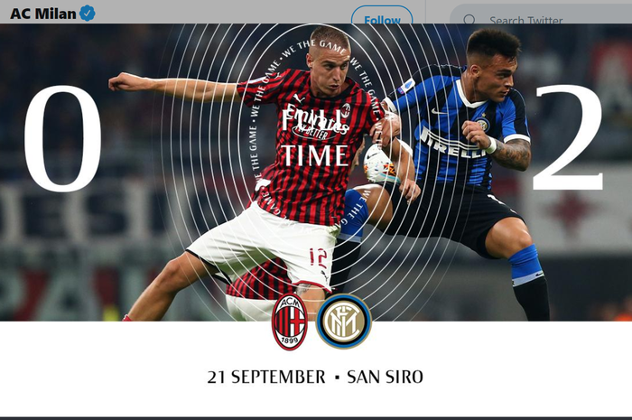 AC Milan kalah 0-2 dari Inter Milan dalam laga derby della Madonnina, Sabtu (21/9/2019) di Stadion San Siro.